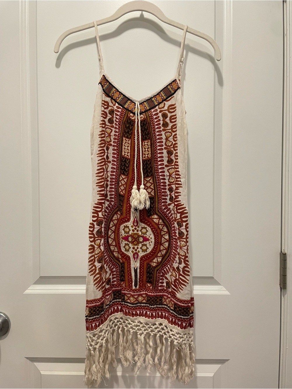 American Rag Cie Boho Maxi Dress XS Fringe Tassel Festival Cream